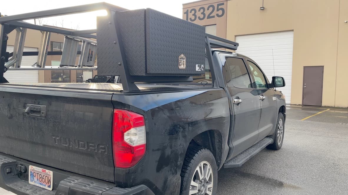 Custom aluminum toolbox and ladder rack installed on Toyota Tundra in Surrey, BC