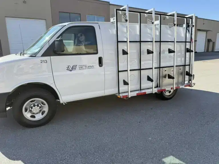 Glass rack on a service body truck built by Ridge Rack