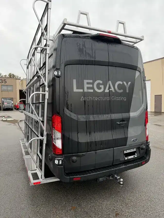 Custom glass rack on a Ford Transit van for a glass company