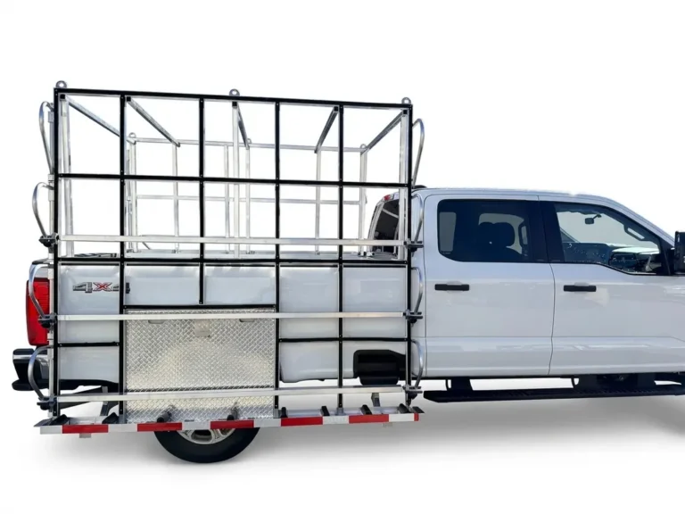 Concept illustration of a side-mounted glass rack on a pickup truck